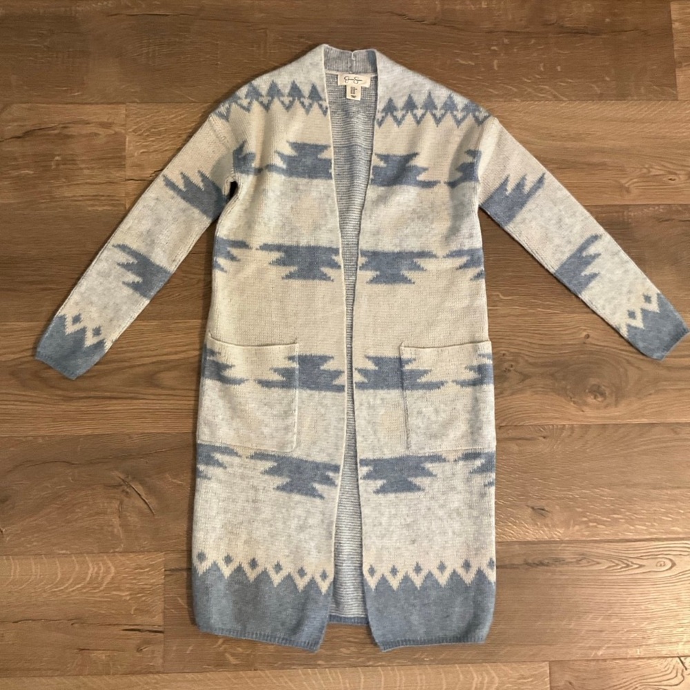 Jessica Simpson blue, cream Aztec print long cardigan, XS
